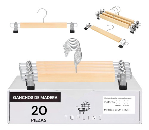 20 Ganchos Para Ropa De Madera Con Clip Antideslizantes Natural