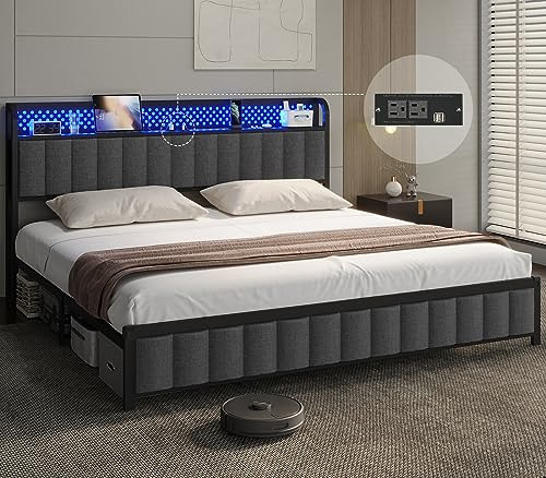 Cama King Size Con Luz Led Y Almacenamiento, Gris Oscuro