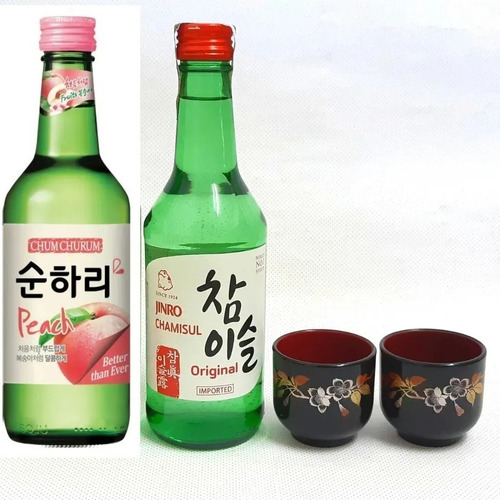 2 Bebida Coreana Soju Original E Sabor Ameixa/pessego +2copo