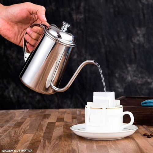 Imagem 3 de 7 de Bule Bico Fino Aço Inox Polido Tampa Chá Café Leite 650ml