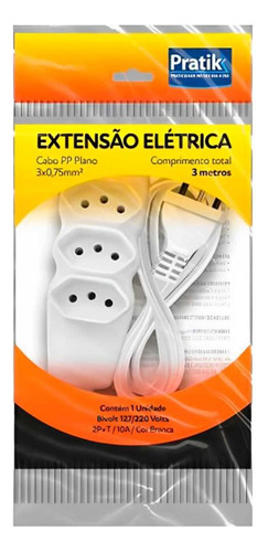 Extensão Elétrica Pratik 3 Metros 3 Tomadas 3x0,75mm Branco