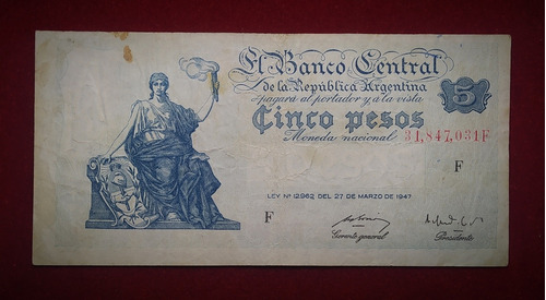 Billete 5 Pesos Argentina 1950 Bottero 1860 Serie F