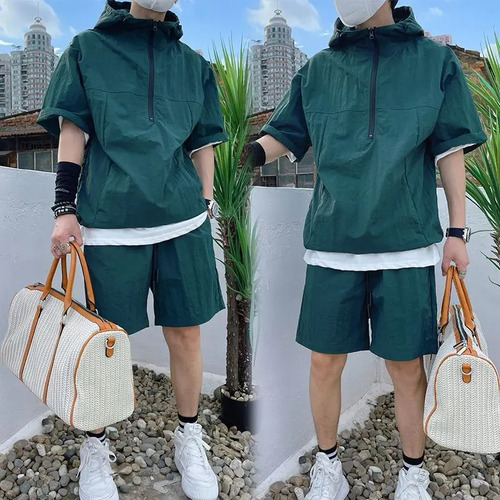 Camisa Cargo Set De Manga Corta Con Capucha Y Pantalones Cor