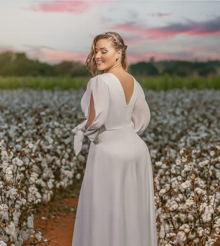 Imagem 2 de 2 de Vestido Noiva Plus Size 46 Ao 50 C/ Manga E Laço Punho 1015