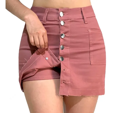 Falda Short Mujer Gabardina Botón Delantero