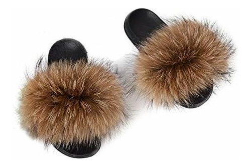 Dayiss Womens Real Fox Fur Slides Flip Flop Fluffy Slippers 