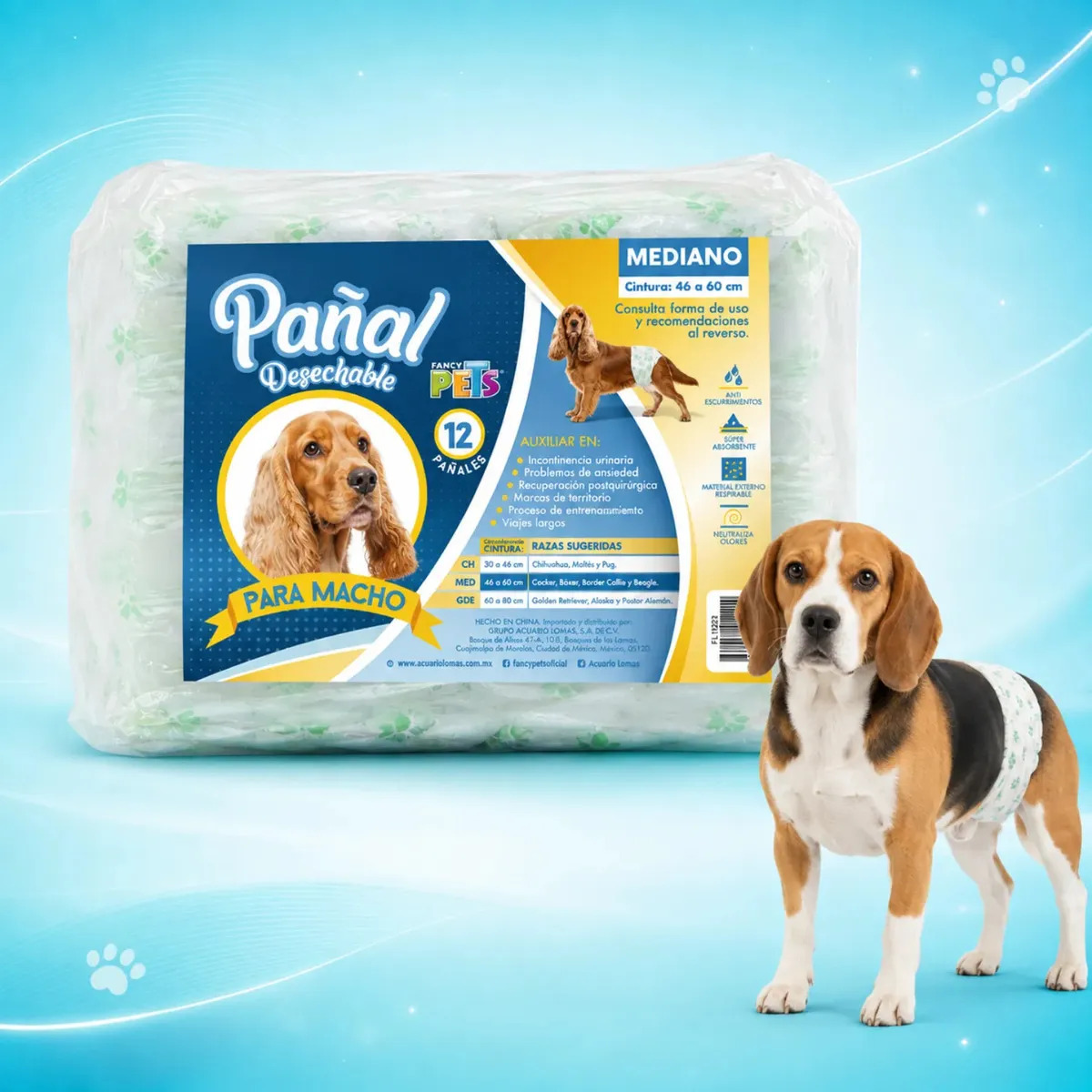 Pañal Desechable Para Perro Macho Talla Mediana 12 Pzas Cintura 46 a 60 Desechable Absorbente Con Banda Ajustable Sistema Anti Escurrimientos Y Neutralizador De Olores Ideal Para I
