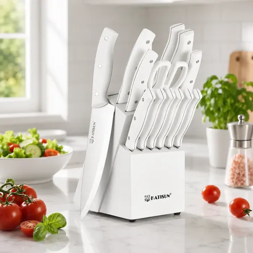 Jogo 15 Facas Inox Branco Para Cozinha Com Bloco Afiador Branco