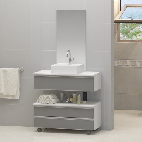 Gabinete Banheiro Creta 80 + Cuba + Espelho - Pux. Alumínio Móvel Branco/cinza