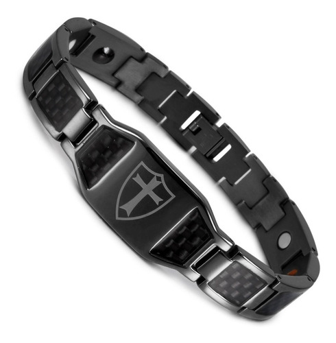 Imagen 1 de 4 de Pulsera Magnetica Acero Titanio Terapia Imanes Cruz Hombre