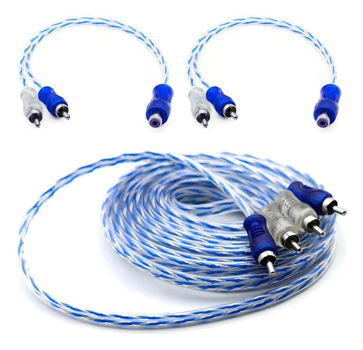 Kit 1 Cabo Rca 5m + 2y Dupla Blindagem Azul Injetado
