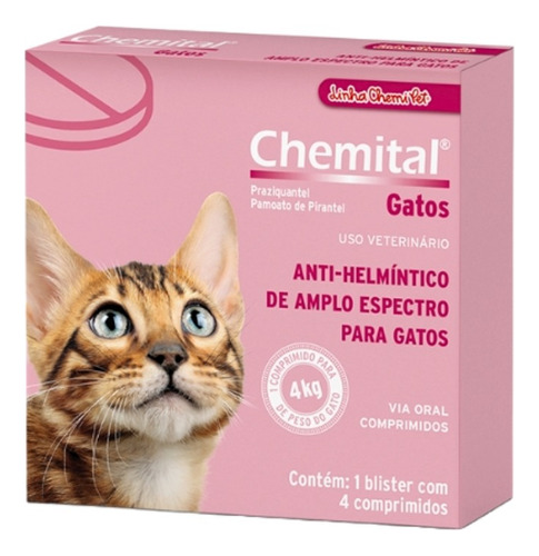 Vermífugo Chemital Gatos Caixa Com 4 Comprimidos - Chemitec