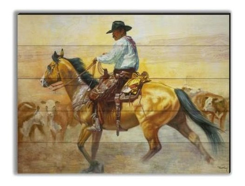 Cuadro De Madera - Vaquero En Acción - 40  X 30 