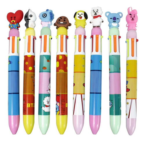 Set 8 Plumas Bts-bt21 Retractil Kawaii 6 Colores Cute Yzb-01 Tinta Exterior Multicolor