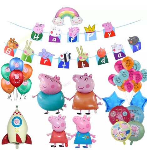 Set Decoración Globos + Banderín De Peppa Pig Cumpleaños