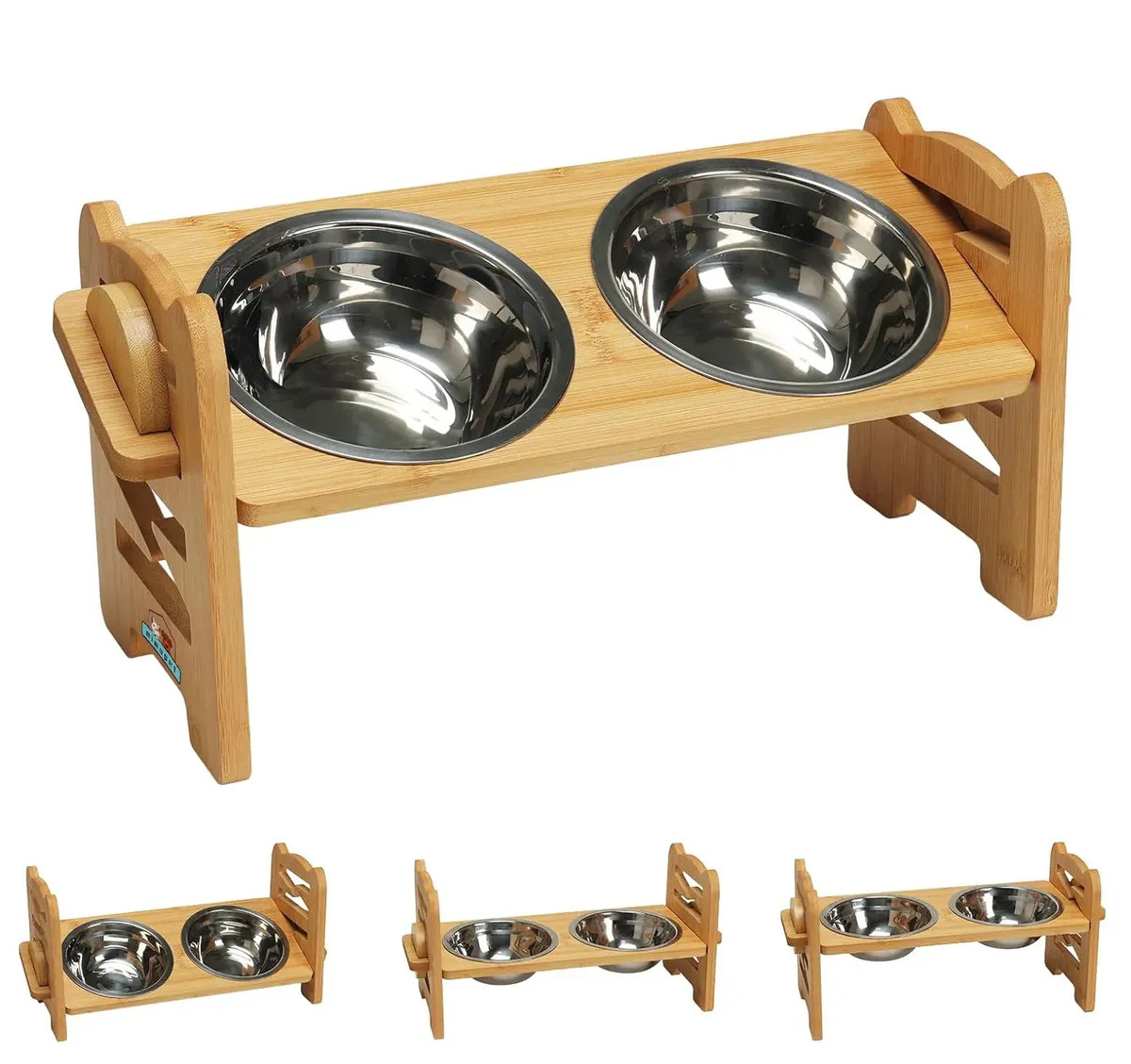 Comedero Bebedero Elevado Ajustable De Bambu Perros Y Gatos Marrón
