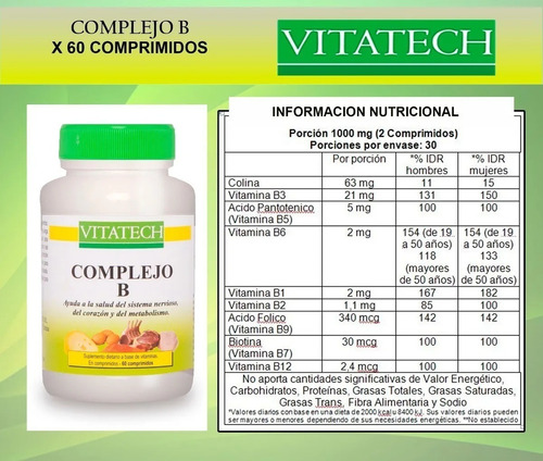 Imagen 2 de 3 de Complejo B Vitaminas X 60 Comprimidos Vita Tech