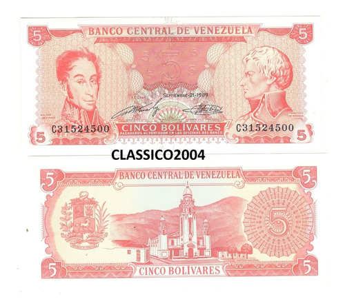 Billete Venezuela 5 Bolivares (1989) Bolivar - Miranda