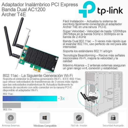 Imagen 4 de 6 de Placa Wifi Red Pci-e Tp-link Archer T4e Ac1200 Dual Band