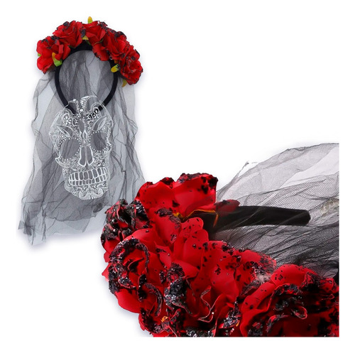Vincha Catrina Con Velo Y Flores Calaca Cotillon Halloween Rojo Y Negro