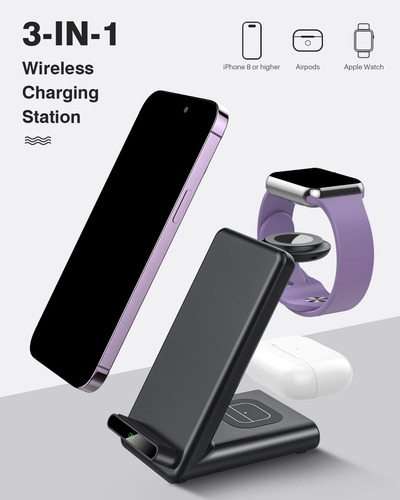 Estacion De Carga Inalambrica Compatible Con Iphone 3 En 1 Black