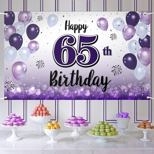 Cartel Grande Morado De Feliz Cumpleaños 65  Saludos A Los 