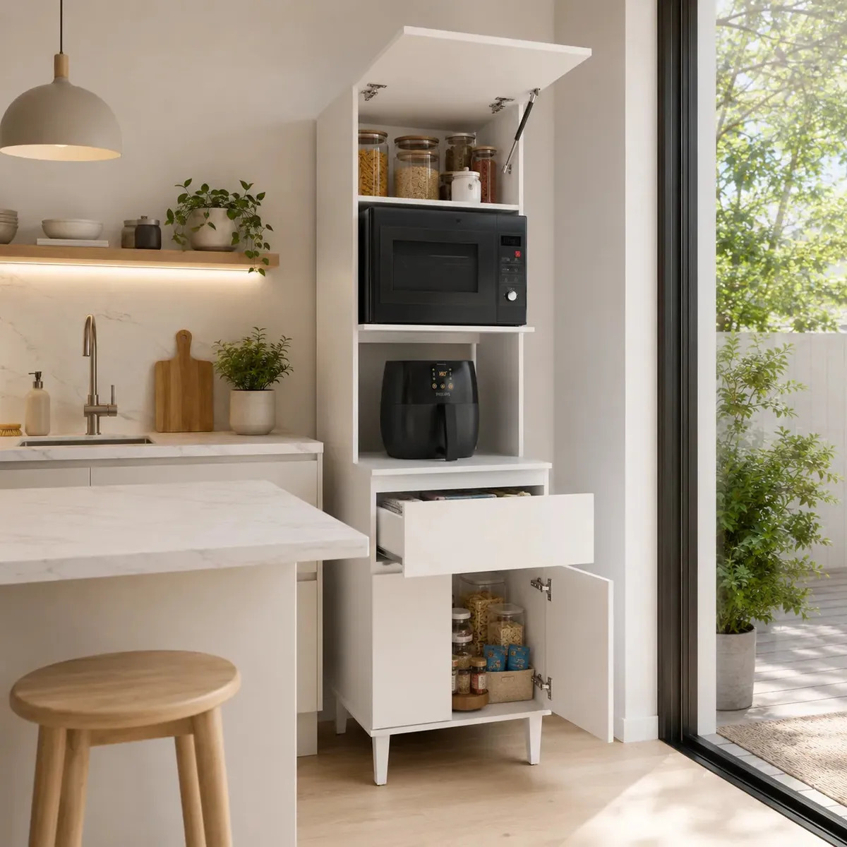 Despensero Columna Porta Microondas 3 Puertas 1 Cajon Blanco
