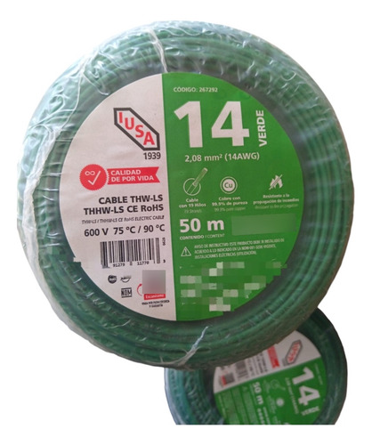 2 M. Cable Thhw-ls Rohs #14 Verde