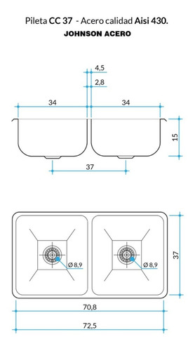 Pileta Bacha Doble Cocina Acero Johnson Cc37