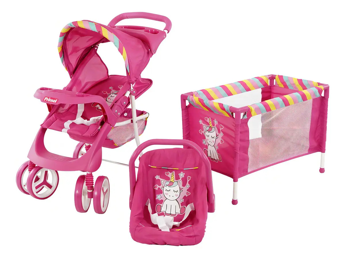 Combo Juguete Prinsel Carriola + Cuna + Portabebe Unicornio Color Rosa