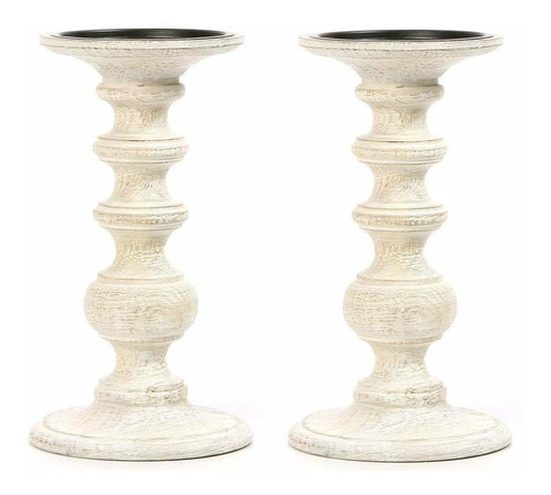 Juego De 2 Candelabros De Madera Blanca De 9 Pulgadas D...