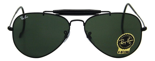 Óculos de sol Ray-Ban Aviator Outdoorsman Standard armação de metal cor polished black, lente green de cristal clássica, haste polished black de metal - RB3030