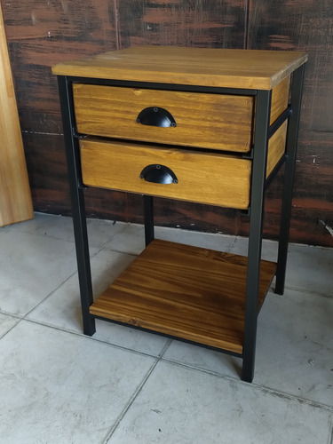 Imagen 3 de 8 de Mesa De Luz Mini 40x35x60 2 Cajones Industrial Hierro Madera