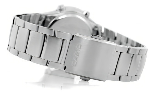 Relógio de pulso Casio Collection Amw-710 com corpo prateado, analógico-digital, para homens, fundo preto, com pulseira prateada de aço inoxidável, moldura preta