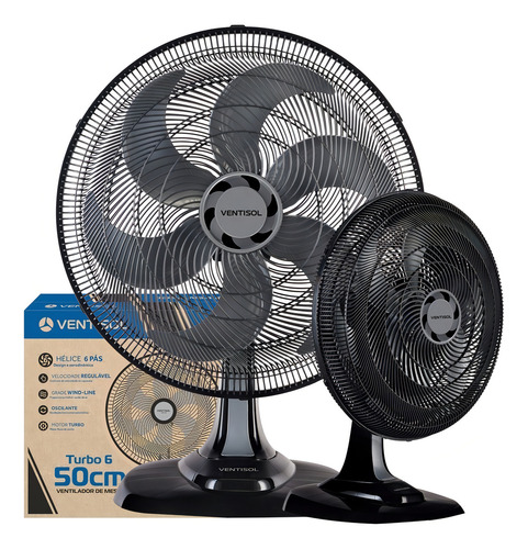 Ventilador Oscilante De Mesa Ventisol Turbo 6 Pás 50cm Preto 127v