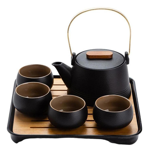 B Juego Té Viaje Cerámica Negra Con Una Tetera Y Cuatro Taza