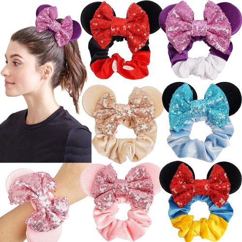 6 Pack Mouse Ears Scrunchies Velvet Sparkle Sequin Bows Hair