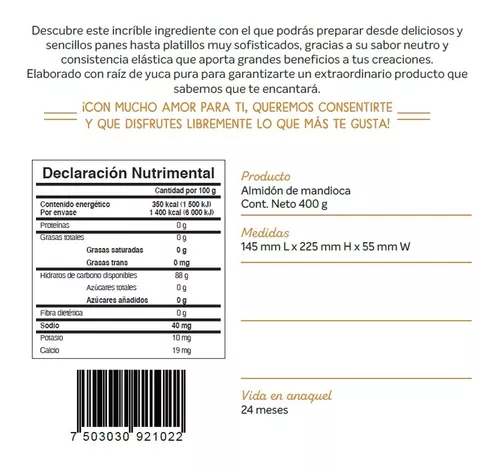 Almidón de Mandioca Sin Gluten (Fécula de Mandioca, Tapioca o Yuca - 400g)  : .com.mx: Alimentos y Bebidas