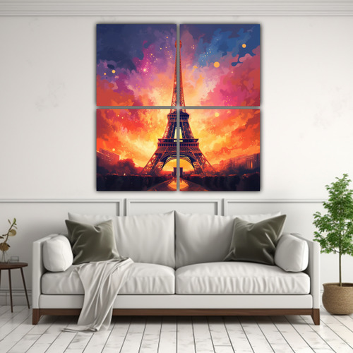 60x60cm Cuadro Exclusivo Torre Eiffel Atardecer Flores