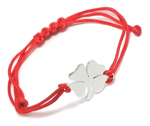 Imagen 3 de 6 de Pulsera Roja Protección Suerte Trébol Listón Ajustable Acero