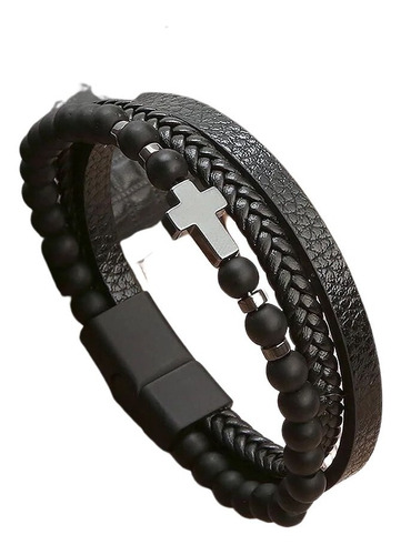 Pulsera Cruz Negra Piedra Y Metal Cierre Inmantado