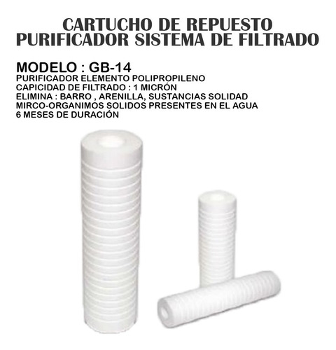 Filtro Cartucho Purificador De Agua Gb-14 6 Meses Duración