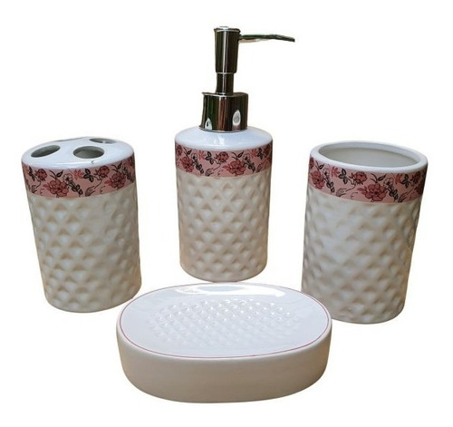 Conjunto Para Banheiro Em Porcelana Com Faixa Flor - 4 Peças