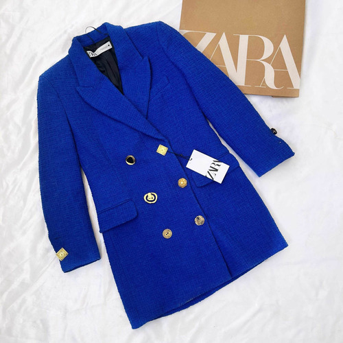 Saco Tweed Azul Botones Dorados Zara