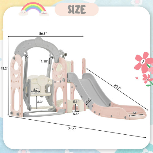 Juego De Tobogán Y Columpio 5 En 1 Para Niños Pequeños Rosado, Gris (pink+grey)