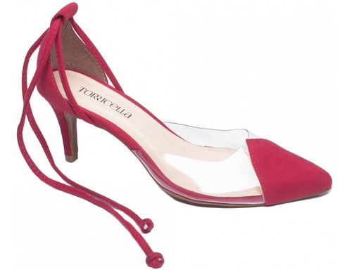 Imagem 5 de 6 de Scarpin Vermelho Com Vinil Transparente Saltinho Fino Baixo