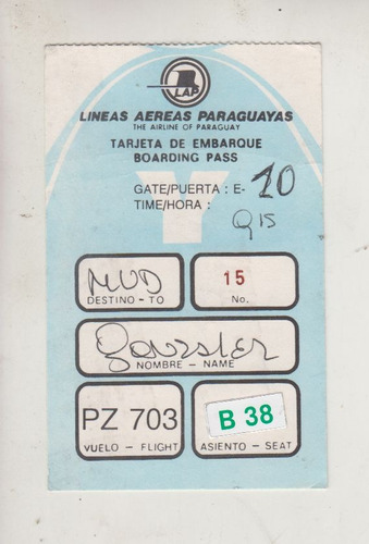 Aviacion Boarding Pass Lineas Aereas Paraguayas Lap Vintage
