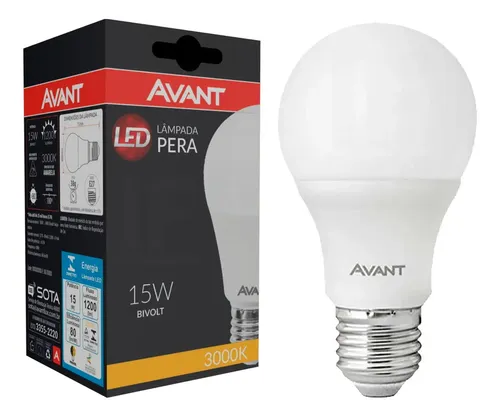Lâmpada LED Avant 15W 3000K ao lado de sua embalagem preta e vermelha