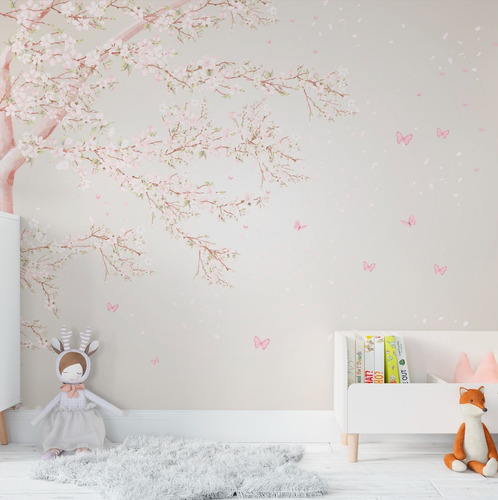 Papel De Parede Árvore Rosa Menina Quarto De Bebê 5m² Vr511