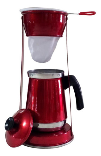 Bule Com Mancebo Coador De Café Vermelho Retro Em Alumínio